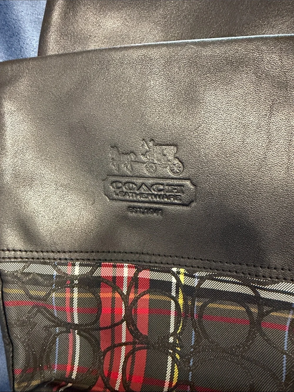 Coach Black Leather Boots with Red Plaid Panels